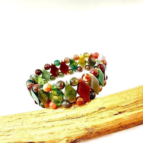 Polished Natural Stone Multicolored Agate Stretch Bracelet - Picture 3 of 6